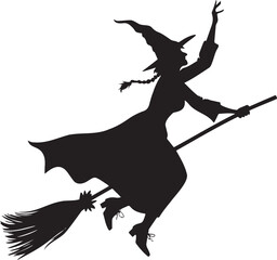  Halloween witch flying silhouette with broomstick vector illustration isolated on white background