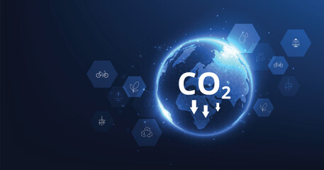 The idea of reducing CO2 emissions to limit global warming. Lower CO2 levels with sustainable development of renewable energy, planting tree, and green energy to stop climate change.	
