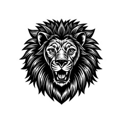 Striking monochrome illustration of a lion's head, featuring a detailed mane, piercing eyes, and an open mouth revealing its teeth.