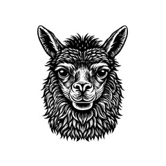 Detailed black and white illustration of an alpaca head, showcasing its fluffy fur and distinctive facial features.
