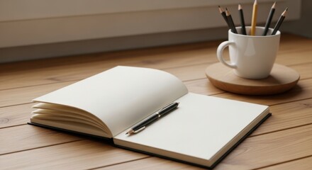 Open Notebook with Pen and Pencils, Creative Workspace Still Life.