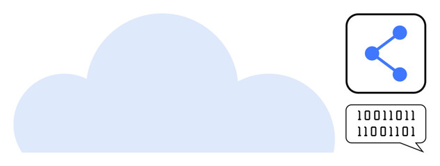 Cloud shape with connected node symbol and binary code speech bubble. Ideal for technology, data sharing, networking, cloud storage, communication, innovation, and simple landing page