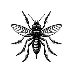 Detailed black and white vector illustration of a mosquito with wings spread, viewed from above, on a white background.