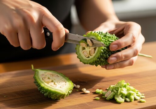 Preparing the bitter gourd: Slicing fresh produce for an authentic meal