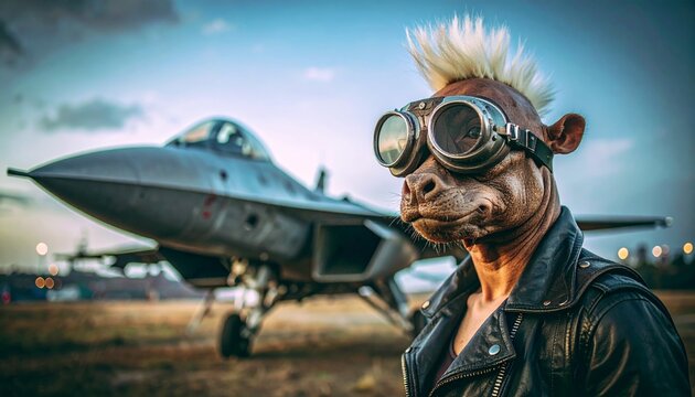 A creative and edgy portrait of a hippo-like character wearing pilot goggles and a leather jacket next to a fighter jet.