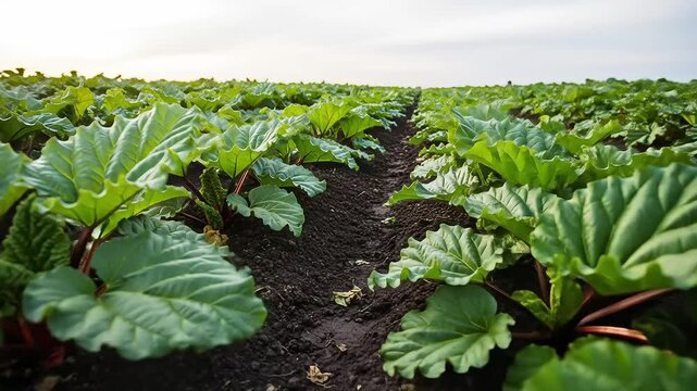 Cultivated Rhubarb Field with Green Leaves Under Sky at Dusk in Rural Landscape
