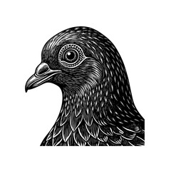 Detailed engraving-style illustration of a pigeon head in profile, showcasing intricate feather details and a focused gaze.
