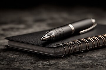 Close-up of black pen and notebook