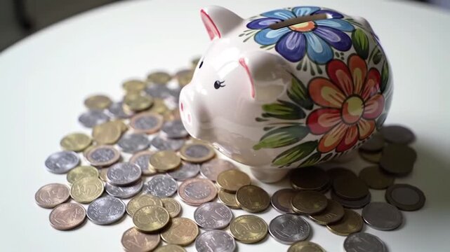 Piggy Bank Surrounded by Scattered Coins on White Table Financial Savings and Investment
