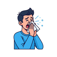 Unwell young man with dark hair and a blue shirt sneezing covering his mouth with a tissue.