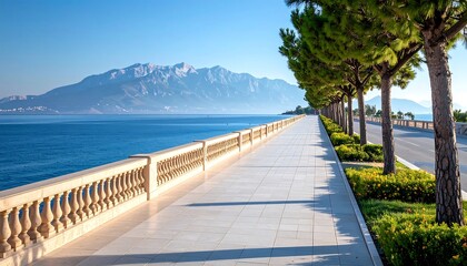 Fototapeta premium Coastal walkway with mountains and trees