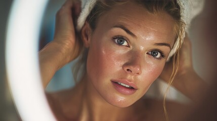 Radiant Woman with Towel Enjoying Skincare Routine in Soft Lighting
