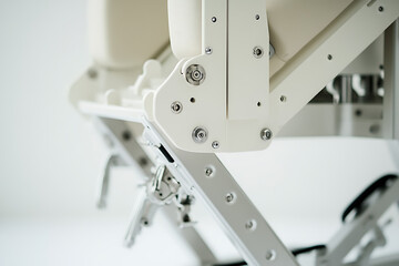 Close up of a white mechanical joint with bolts and metal components