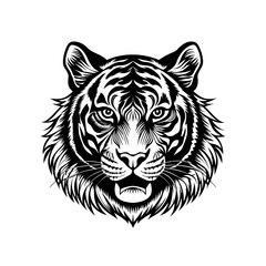 Striking black and white vector illustration of a tiger's head, featuring detailed stripes and a slightly open mouth, isolated on a white background.