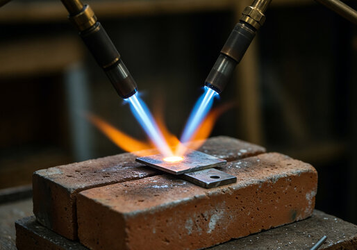 Goldsmith Soldering Metal with a Torch on a Workbench in a Workshop