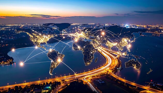 Night aerial of global network connections overlaying a world map with city lights and highways - Powered by Adobe