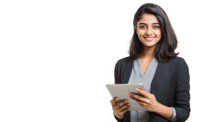 young indian business woman holding tablet standing on white background