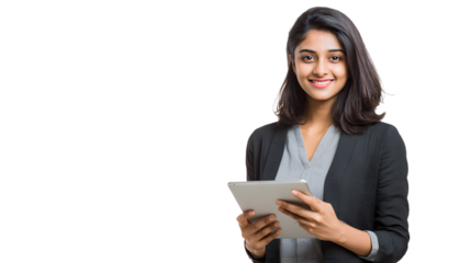 young indian business woman holding tablet standing on white background