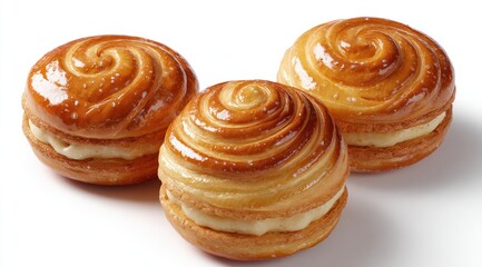 Fototapeta premium Three round, golden-brown pastries, filled with creamy custard
