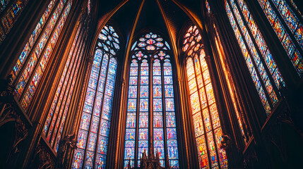Obraz premium Vibrant Stained Glass Windows in Gothic Cathedral Interior