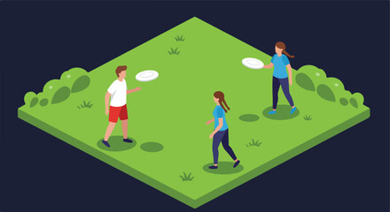 People throwing disc on grass isometric scene, with dark background, use recreation