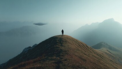 Solitary figure on mountain peak, UFO in hazy sky
