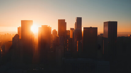 Fototapeta premium Golden Hour City Skyline Sunrise Orange and Yellow Hues Illuminate Modern Buildings