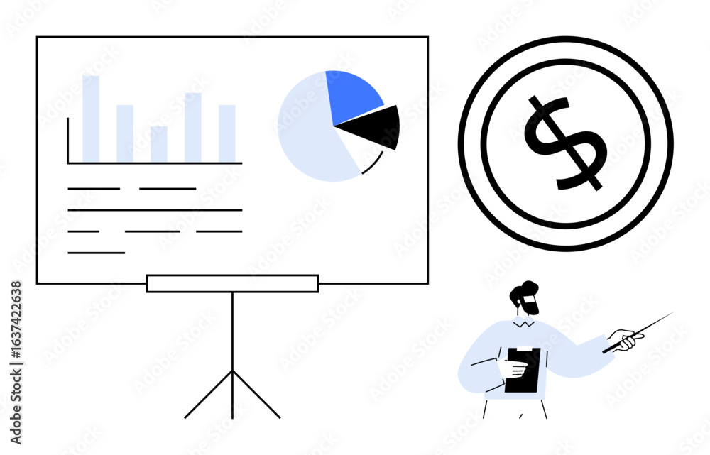 Aufkleber man presenting data on graphs, charts, and dollar sign emphasizing financial analysis and strategy. 
