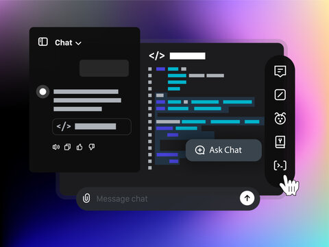 Separate window, allowing you and Ai Chat to collaborate working on the Code.  Tool for help with writing and Coding. Web browser with Artificial intelligence chatting text on screen. Vector illustrat