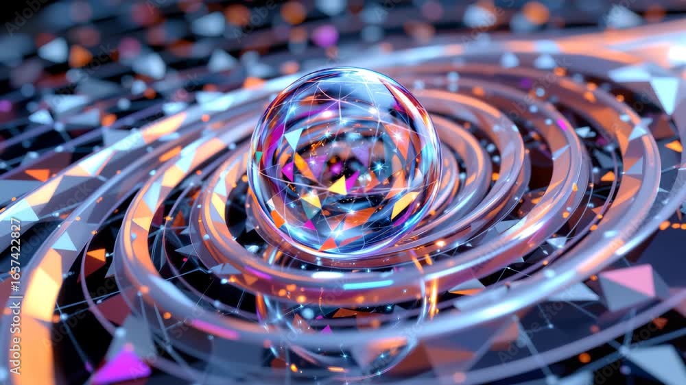 Poster abstract energy orb: a mesmerizing display of intricate geometric design features a central crystall