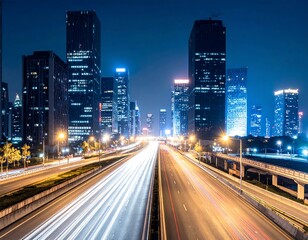 Obraz premium Night cityscape with light trails of vehicles speeding on a multi-lane highway