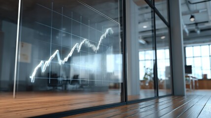 Financial growth chart on glass wall in modern office interior