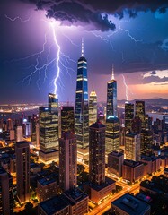 Night cityscape with lightning striking near skyscrapers
