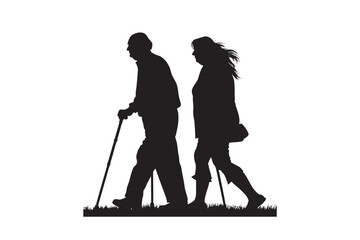 Elderly couple walking together with walking sticks in a park during daytime isolated on white background silhouette