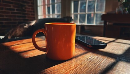 Orange mug on wooden table, sunlight