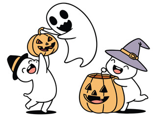 Halloween design with three ghosts, pumpkins, and playful gestures. Witch hats add charm to this festive illustration