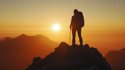 Obraz premium Silhouette of Hiker on Mountain Peak at Sunset