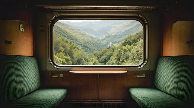 Tranquil train seat with a mountain view.