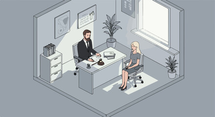 Isometric office illustration Woman consults lawyer in courtroom; plants & art
