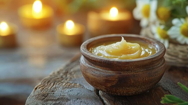 Foot cream styled like magical elixir, sitting on wooden altar in wellness temple Stock photo --ar 16:9 --quality 2 --raw --v 6.1 Job ID: 7df1881f-451a-4c2c-9130-eef70c8d685e