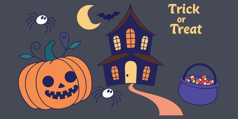 Halloween scene with jack-o'-lantern, haunted house, crescent moon, spiders, bat, and candy bucket. “Trick or Treat” text adds festive charm