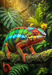 Obraz premium a colorful chameleon perched on the branch in the blurred forest atmosphere background