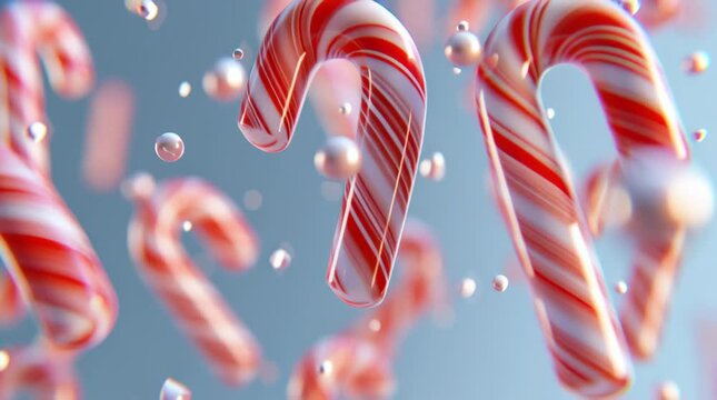 Candy cane striped red and white floating with water droplets motion festive holiday sweet treat joyful atmosphere soft background light bokeh effect