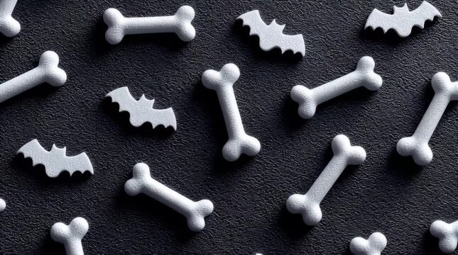 White bone and bat shapes scattered on textured black surface with spooky Halloween pattern creating eerie mood and floating sweets background