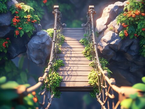 Fototapeta Fantasy Rope Suspension Bridge Over Jungle