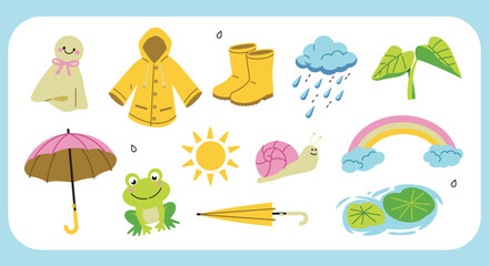Kawaii outdoor gear set for rainy weather or days . Raincoat, Rubber Boots, Rainbow, Lotus
