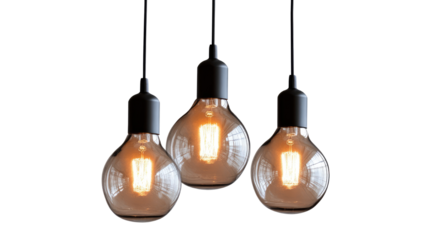 Single Hanging Light Bulb with Visible Filament Isolated on White Background
