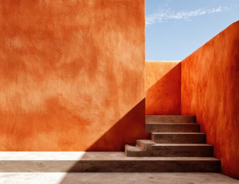 Orange-hued walls enclose a stairway