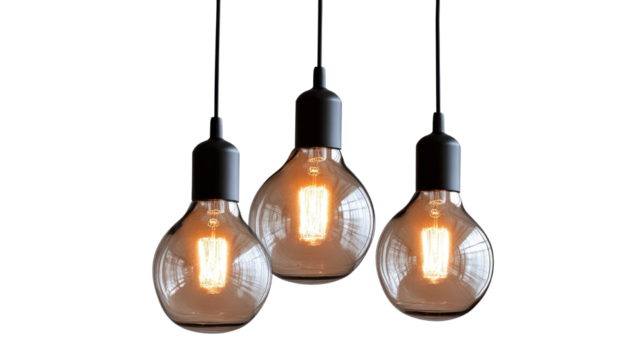 Single Hanging Light Bulb with Visible Filament Isolated on White Background
