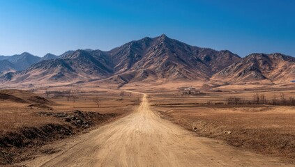 Naklejka premium Desert road leading to mountains under clear sky